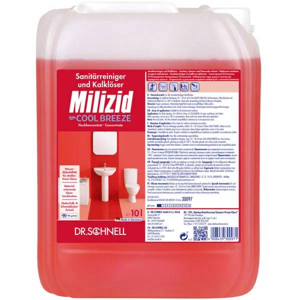 Ein Bild von Dr. Schnell Milizid Cool Breeze Sanitärreiniger & Kalklöser - 10 Liter