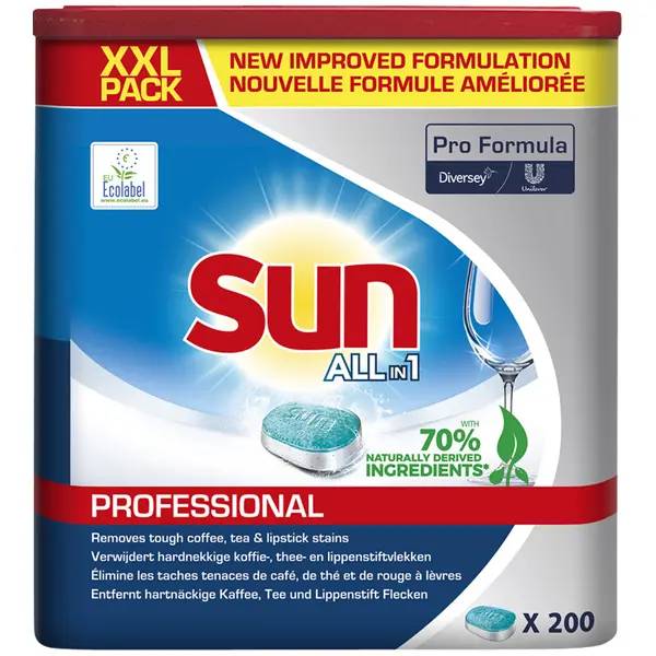 Ein Bild von Sun Professional All-in-1 Spülmaschinenreiniger-Tabs - 200 Tabs