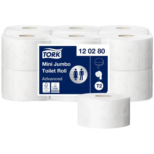 Ein Bild von Tork Advanced T2 Mini-Jumbo-Toilettenpapier naturweiß - 2-lagig