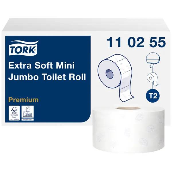 Ein Bild von Tork extra weiches T2 Mini-Jumbo-Toilettenpapier weiß - 3-lagig