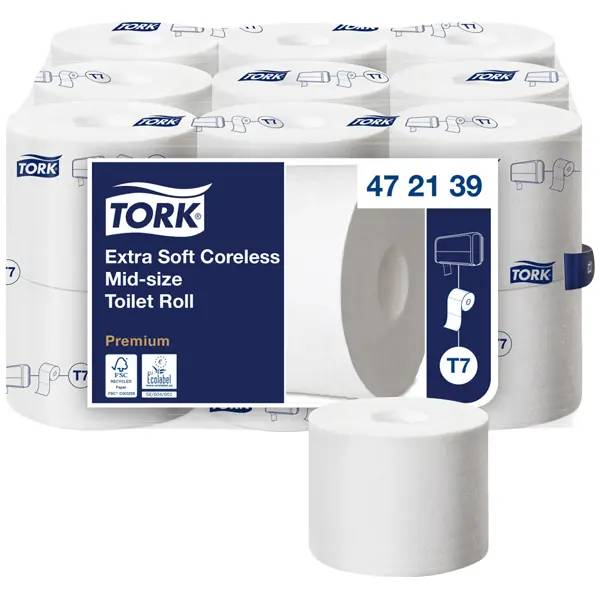 Ein Bild von Tork Premium extra weiches hülsenloses T7 Midi-Toilettenpapier weiß - 3-lagig