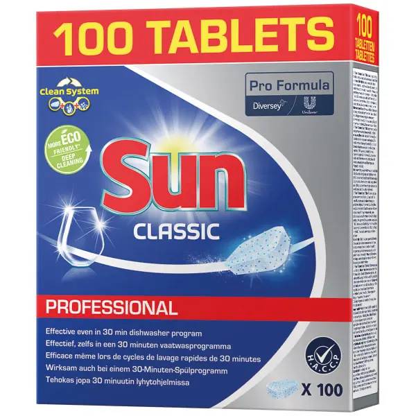 Ein Bild von Sun Professional Classic Spülmaschinenreiniger-Tabs - 100 Tabs