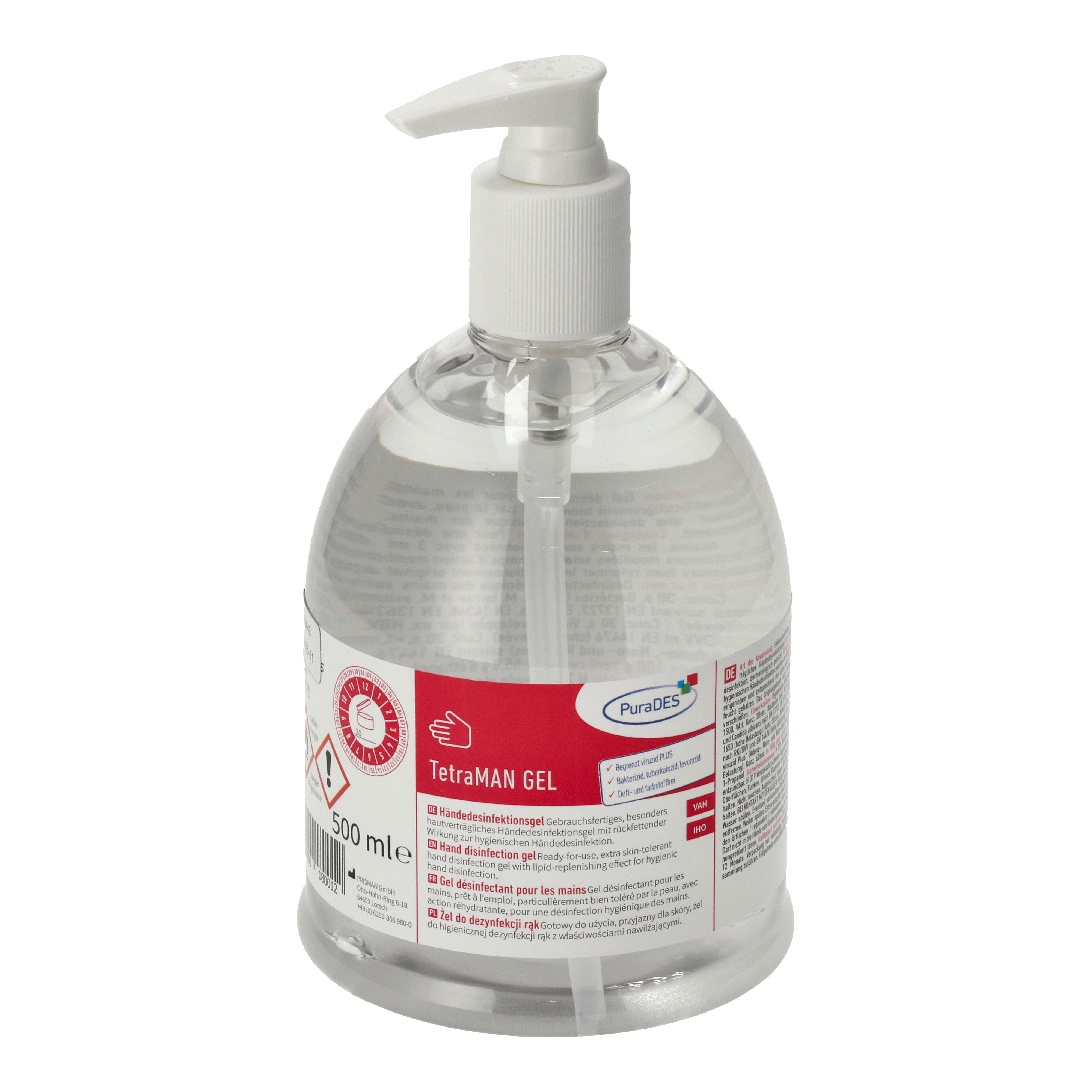 Ein Bild von PuraDES TetraMAN GEL Händedesinfektionsgel (Pumpflasche) - 500 ml